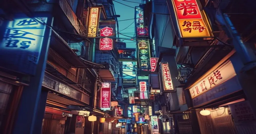 銀座の伝統的な路地裏。ネオン光が反射する街並み