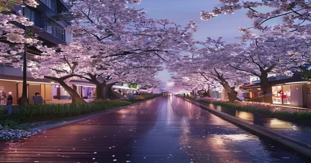 桜の季節の目黒川沿いとライトアップされた歩道